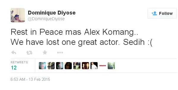Tweet Dominique Diyose atas kepergian Alex Komang/©Twitter.com/DominiqueDiyose