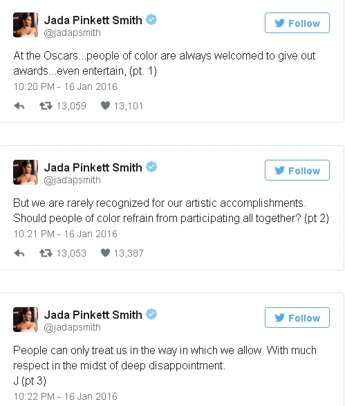 Tweet kekecewaan Jada akan nominasi Oscar 2016/©twitter.com/jadapsmith