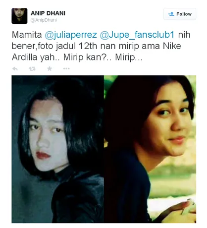 Salah satu penggemar bilang kalau Jupe mirip dengan Nike Ardilla/©twitter.com/julia perrez