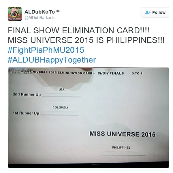 Bukti valid bahwa Pia Wurtzbach memanng pemenang sah Miss Universe 2015/©twitter.com/AlDubBarkads