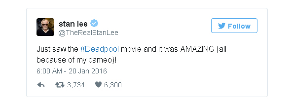 Stan Lee beri pujian kepada DEADPOOL/©twitter.com/therealstanlee