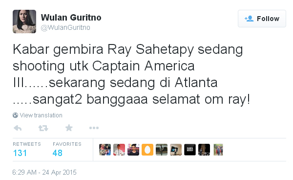 Wulan Guritno bangga Ray Sahetapy bisa jadi salah satu cast CAPTAIN AMERICA: CIVIL WAR/©twitter.com/wulanguritno