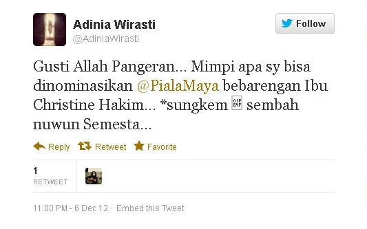 Ungkapan syukur Adinia karena bisa bersaing dengan sang legenda, Christine Hakim. (Twitter/AdiniaWirasti)