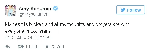 Ungkapan duka cita Amy Schumer/©Official Twitter Amy Schumer