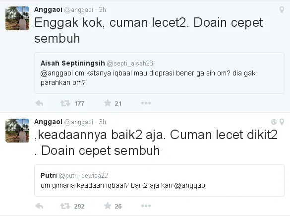 Sanggahan Angga soal parahnya kecelakaan yang dialami Iqbal/©twitter.com/anggaoi