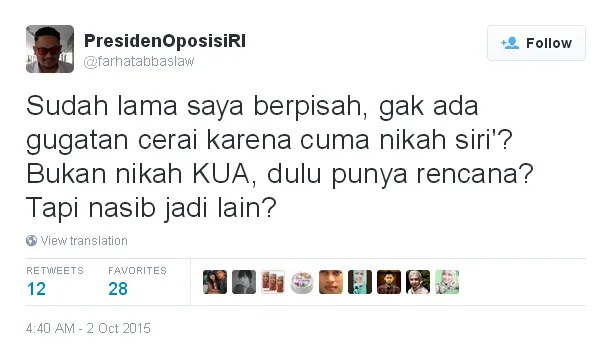 Tweet Farhat Abbas soal kisruh pernikahan sirinya dengan Regina/©twitter.com/presidenoposisiRI