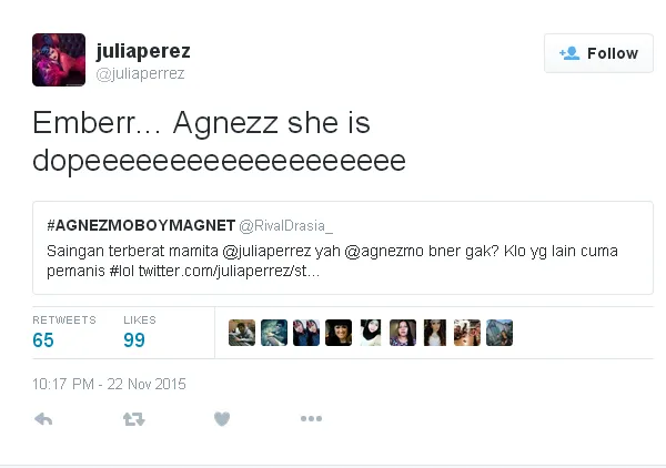 Jupe akue kalau Agnez memang DOPE!/©twitter.com/juliaperrezz