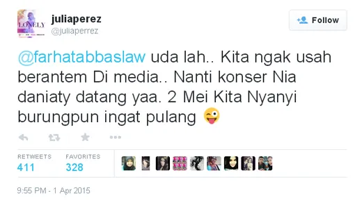 Jupe tantang Farhat untuk datang ke konser Nia Daniaty/©twitter.com/juliaperrez