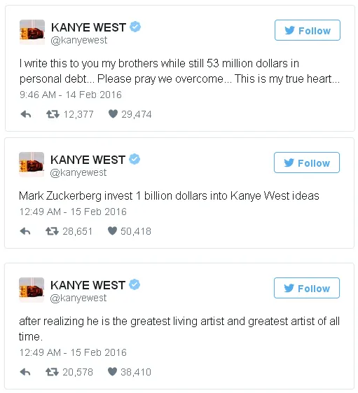 Tweet Kanye yang minta dukungan finansial dari Mark Z/©twitter.com/KanyeWest