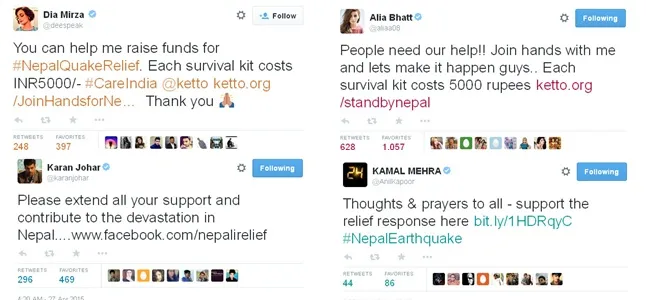 Beberapa selebriti Bollywood mengajak followernya untuk ikut membantu korban gempa Nepal @twitter.com
