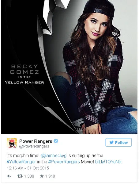 Becky Gomez diumumkan sebagai pemeran Ranger Kuning/©twitter.com/powerrangers