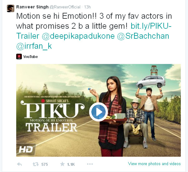 Kicauan Ranveer Singh segera setelah 'PIKU' rilis trailernya @twitter.com/RanveerOfficial