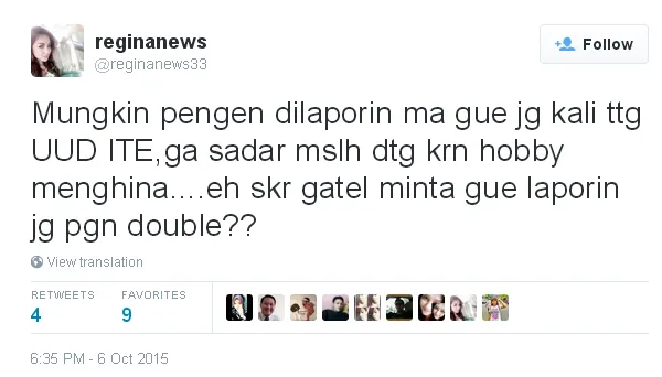 Tweet Regina yang akan melaporkan Farhat ke polisi/©twitter.com/reginanews33