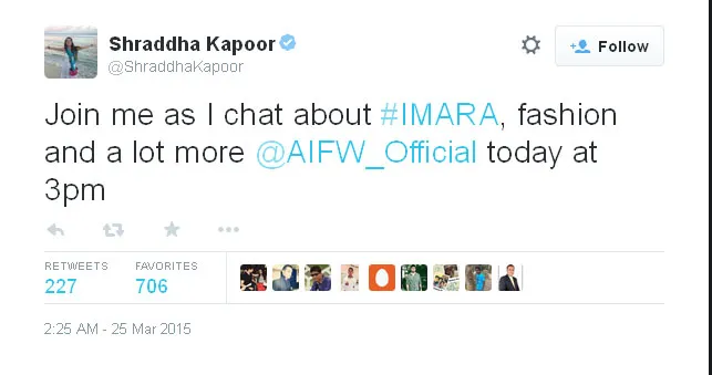 Kicauan Shraddha Kapoor yang mengajak fans datang ke acara launching brand barunya @twitter.com/ShraddhaKapoor