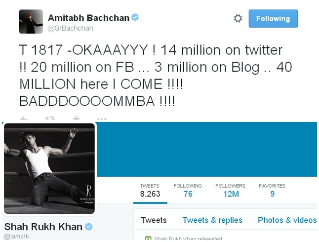 Amitabh Bachchan dan Shahrukh Khan, keduanya aktor dengan pengikut Twitter terbanyak di India @twitter.com/SrBachchan @twitter.com/iamsrk