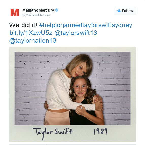 Jorja Hope saat bertemu Taylor Swift © Twitter.com/MaitlandMercury