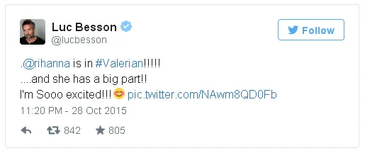 Rihanna bakal bermain dalam film Luc Besson, VALERIAN/©twitter.com/lucbesson