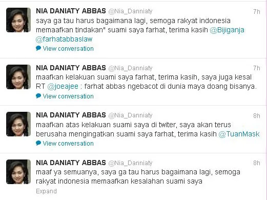 nia daniati minta maaf atas perilaku farhat abbas?