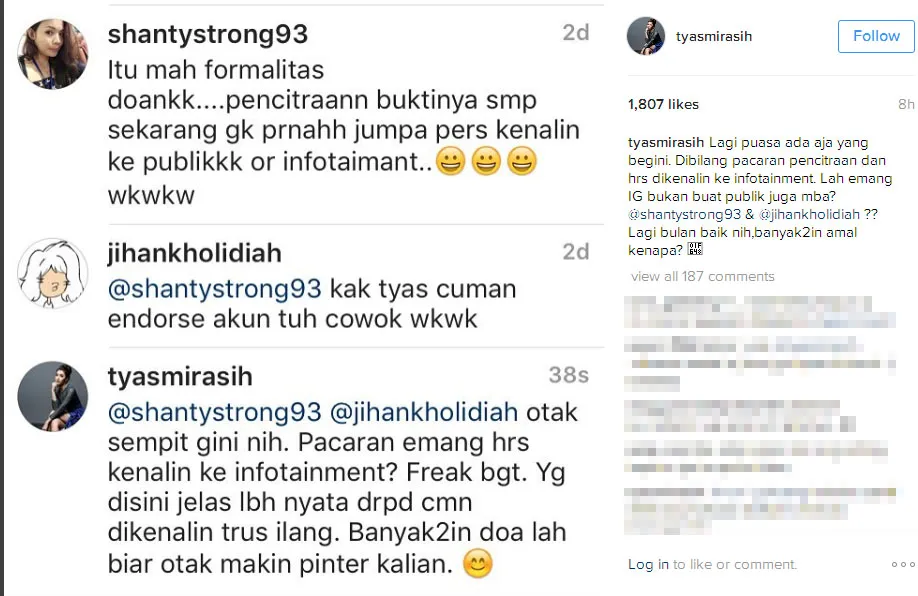 Tyas Mirasih murka hubungan asmaranya disebut cuma pencitraan © Instagram.com/tyas mirasih