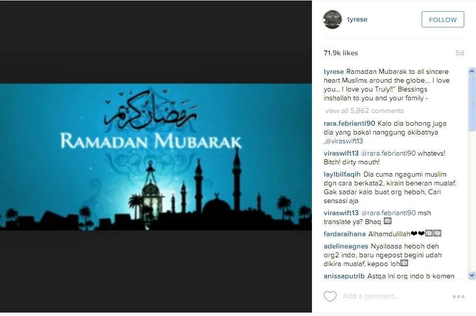 Gara-gara mengucapkan selamat Ramadan, Tyrese Gibson sempat dikira menjadi mualaf © instagram.com/tyrese