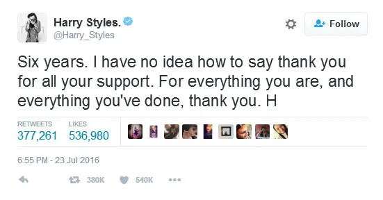 Harry Styles dan para personel One Direction ungkap rasa terima kasih mereka pada para Directioners di seluruh dunia © twitter.com/Harry_Styles