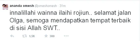 Ucapan belasungkawa Omesh untuk Olga Syahputra © Twitter/Omesh