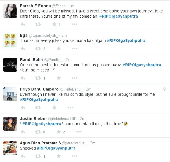 Ucapan belasungkawa dari penggemar Olga Syahputra © Twitter