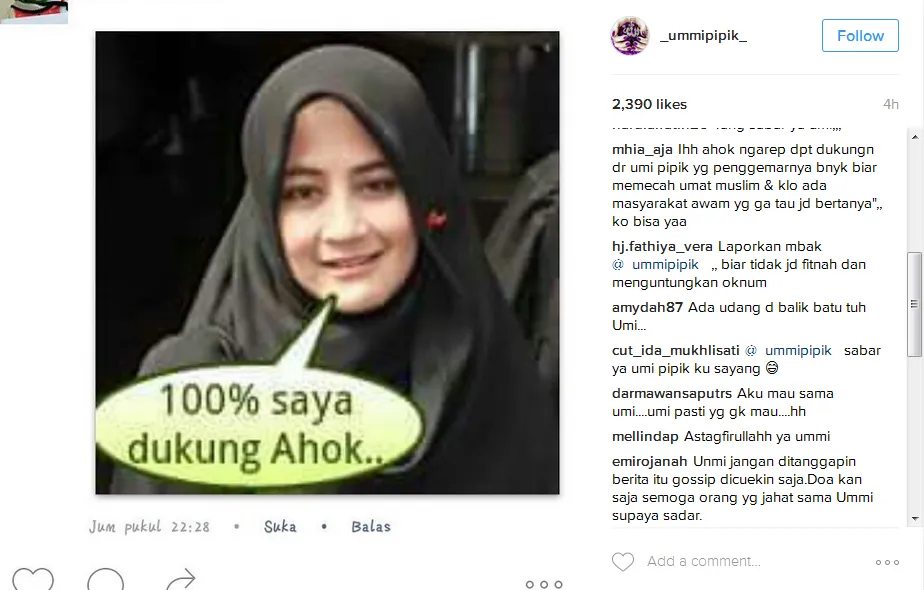 Umi Pipik klarfikasi kebenaran foto dukung Ahok © Instagram/_ummipipik_