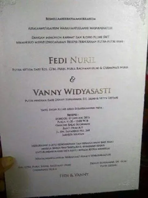 Undangan pernikahan Fedi dan Vanny © twitter.com/firda_rosita