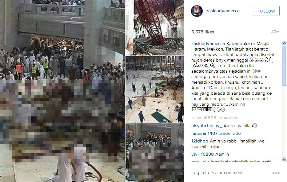 Zaskia Adya Mecca ucapkan bela sungkawa atas kejadian crane jatuh di Mekkah © Instagram/Zaskiaadyamecca