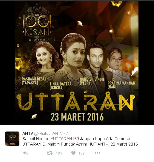 Bintang serial 'Uttaran' bakal hadir di Indonesia © Twitter.com/whatsonantv