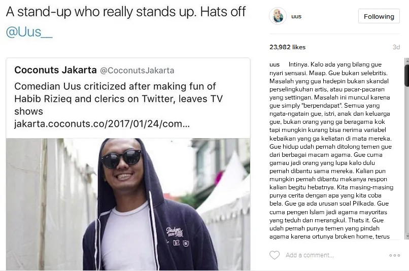 Uus harap Islam bisa jadi agama mayoritas yang teduh dan merangkul © Instagram/uus__