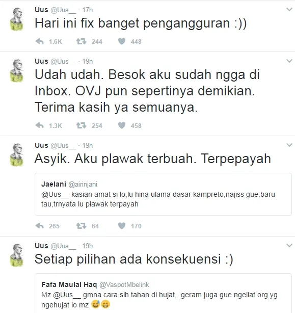 Pasca pertikaian dengan sejumlah netizen terkait Habib Rizieq, Uus menulis dirinya jadi pengangguran. ©twitter.com/uus__