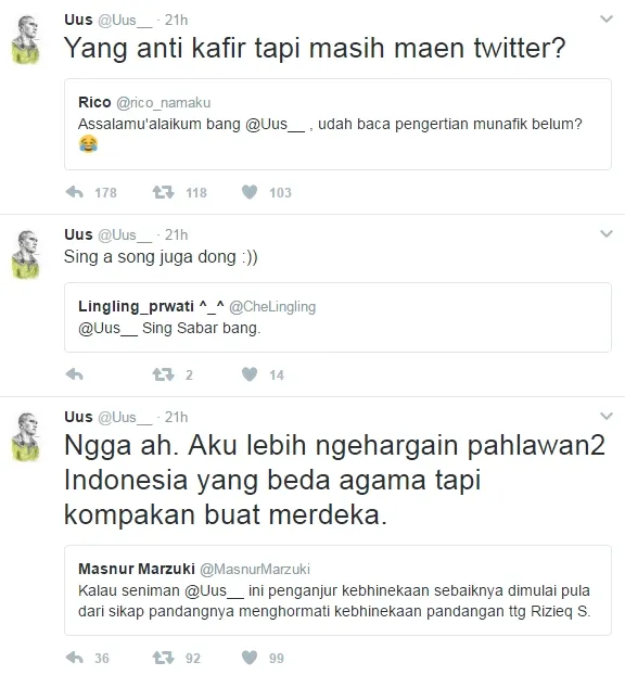 Uus bersilang pendapat dengan netizen. Štwitter.com/uus__