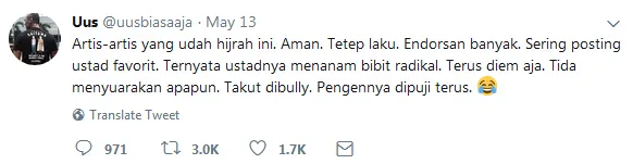 Sindiran Uus untuk para artis hijrah / Credit: Twitter - uusbiasaaja
