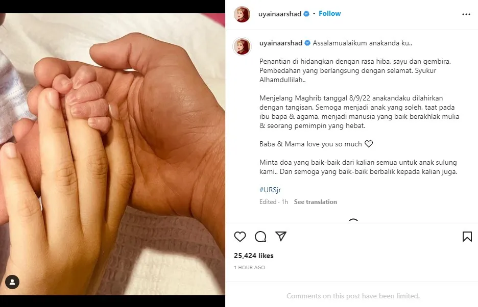 Uyaina Arshad melahirkan anak pertama. (credit:instagram.com/uyainaarshad)