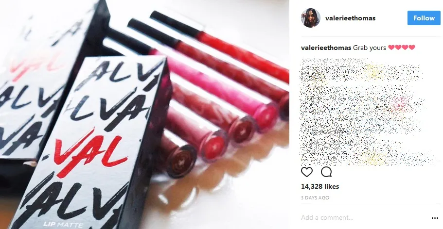 Punya koleksoi lip cream, Valerie juga kembangkan sayap di dunia bisnis. /©instagram.com/valerieethomas