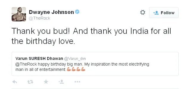 Dwayne Johnson dan Varun Dhawan saling berbalas kicauan di Twitter @twitter.com/TheRock