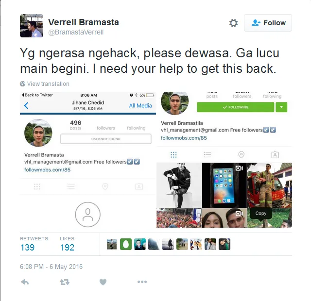 Akun IG Verrrell kena hack © Twitter/bramastaverrell