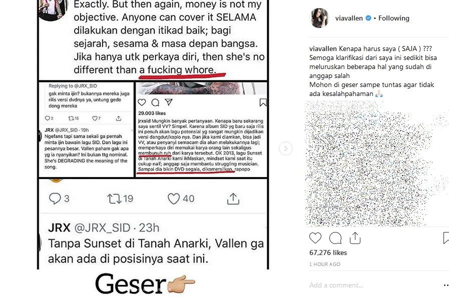 Via membalas tulisan Jerinx lewat Instagram ©instagram/viavallen