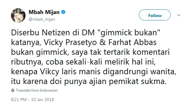 Vicky Prasetyo disebut Mbah Mijan punya ajian pemikat sukma ©twitter/mbahmijan