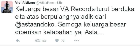 Vidi Aldiano mengucapkan bela sungkawa pada Asta RAN. ©Twitter/vidialdiano