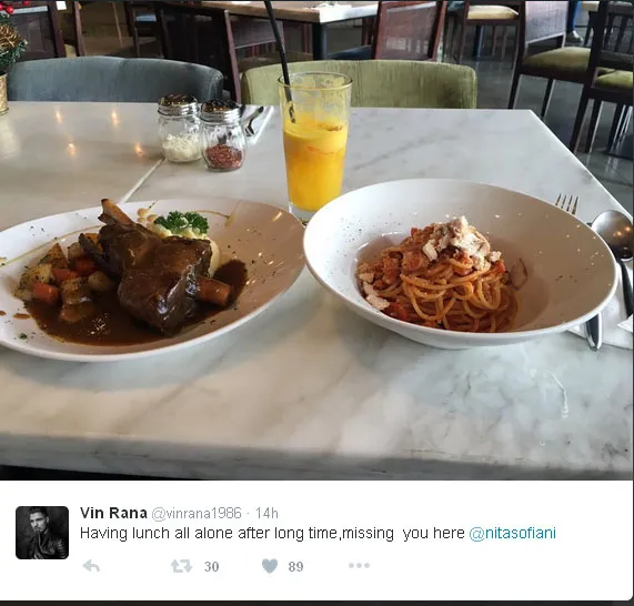 Vin Rana kesepian makan siang tanpa Nita Sofiani © Twitter.com/vinrana1986