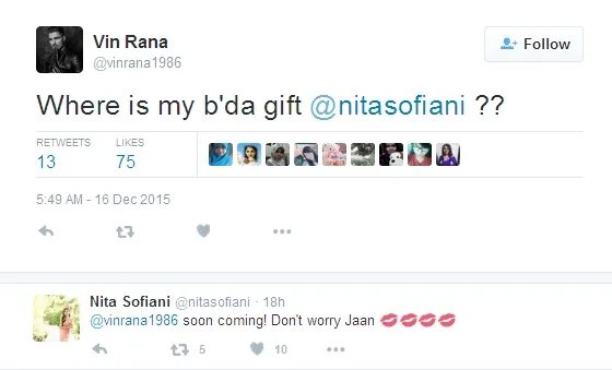 Vin Rana tagih kado dari Nita. ©twitter/vinrana1986