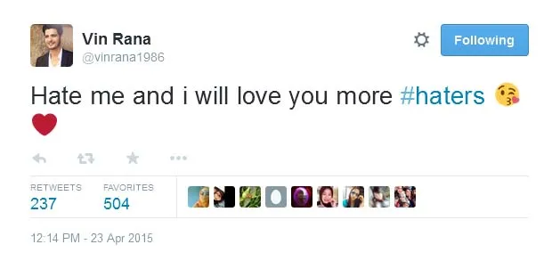 Vin Rana balas haters lagi. @Twitter/vinrana1986