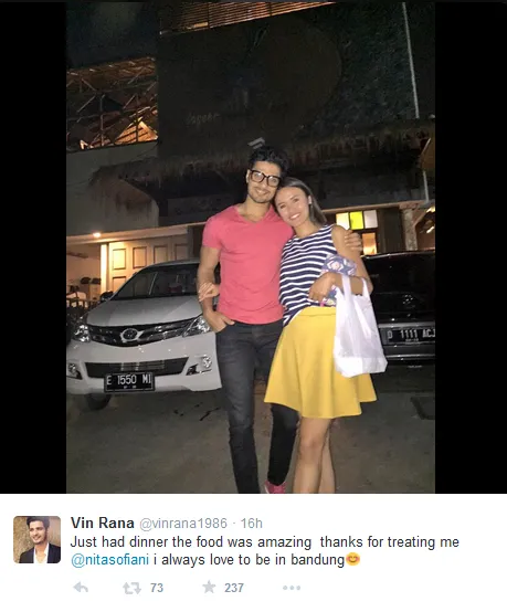 Vin ditraktir Nita di Bandung. @Twitter/vinrana1986