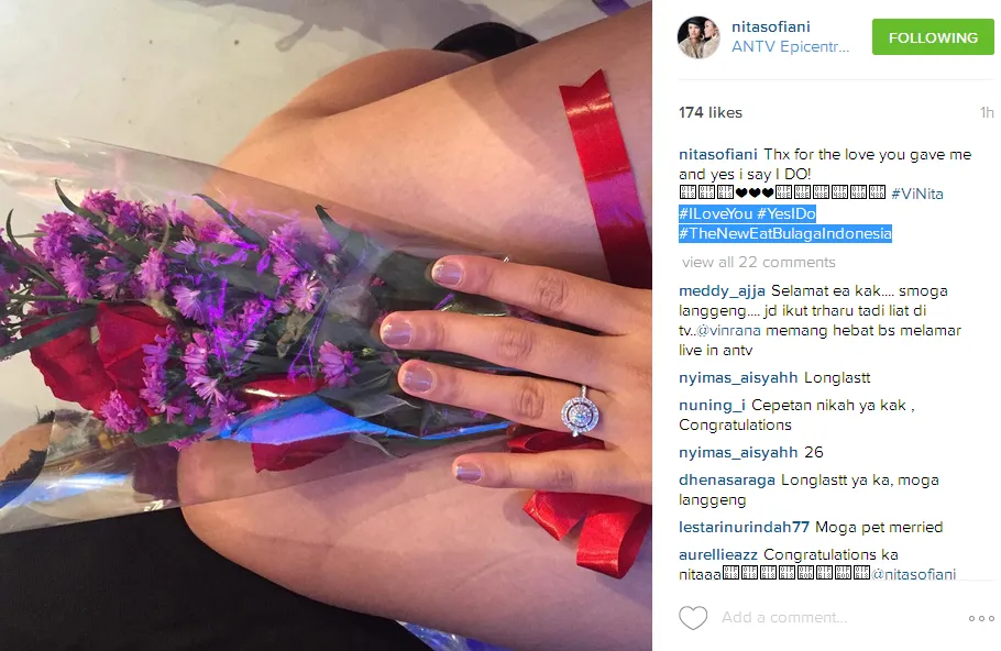 Vin Rana beri cincin berlian besar buat Nita. ©instagram/nitasofiani