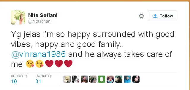 Nita Sofiani ungkapkan kebahagiaannya karena ada sosok Vin di dekatnya © Twitter.com/nitasofiani
