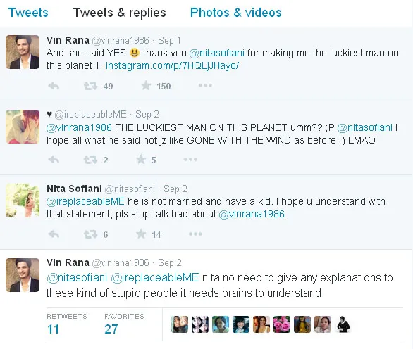 Ini dia kicauan saling balas yang panas antara Vin, Nita dan netizen © Twitter.com/vinrana1986