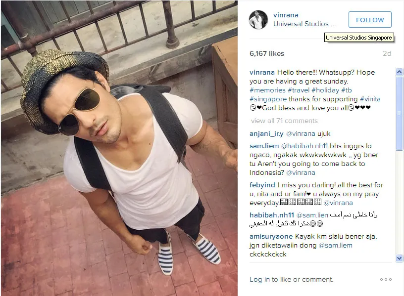 Vin Rana selfie seorang diri di Universal Studios Singapura © Instagram.com/vinrana